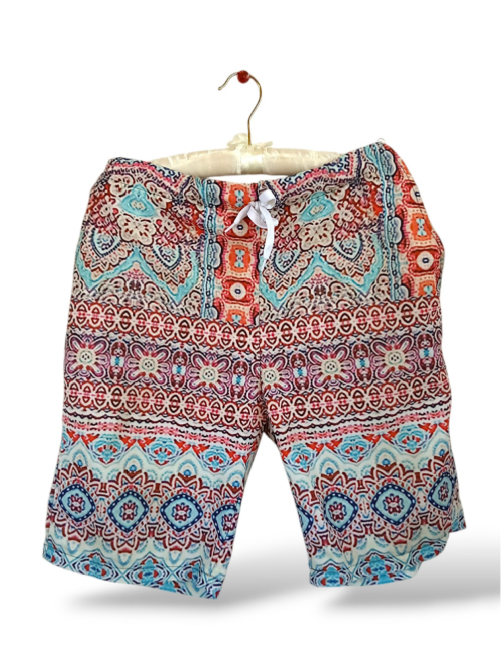 Boho board shorts drawstring swim trunks blue red paisley western summer swim m